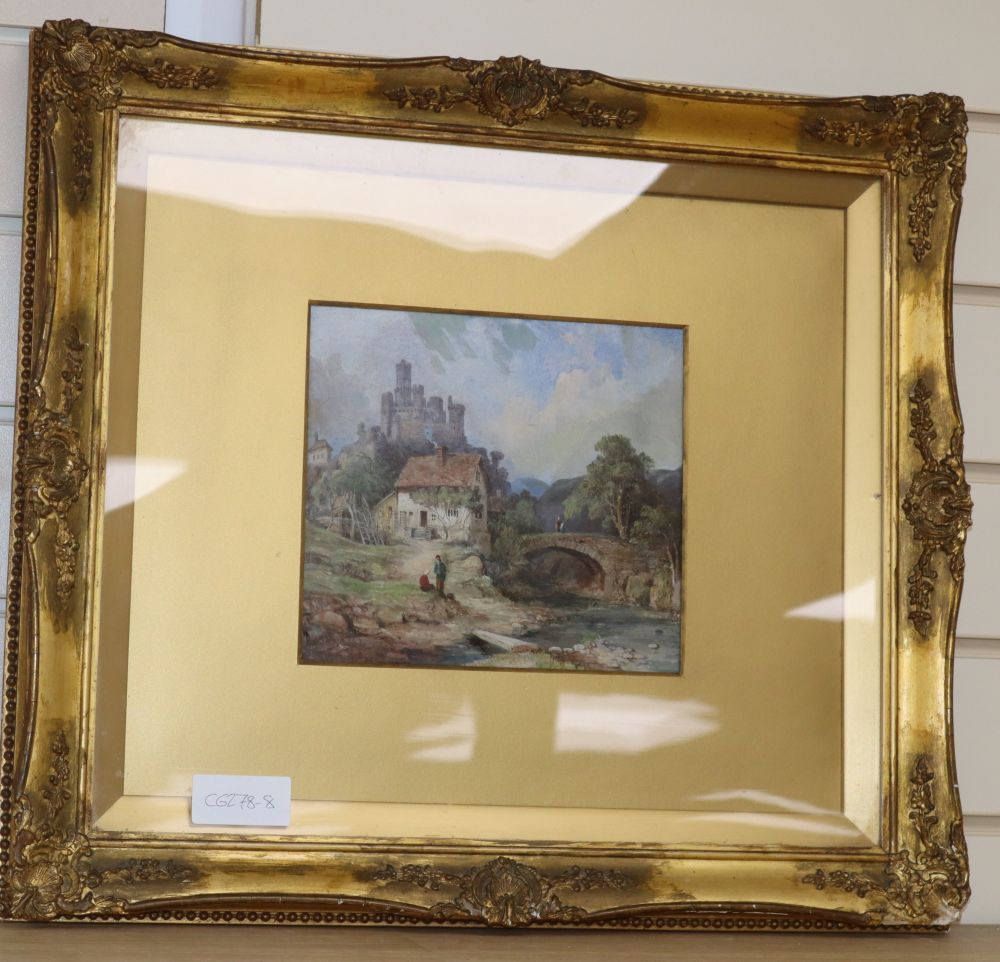 Charles Deane (1815-1855), watercolour, Landscape with stone bridge, cottage and distant castle, inscribed verso, 19 x 20cm